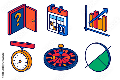 Probability Paradoxes Icons. Isometric vector illustration set Probability Paradoxes: Monty Hall doors, birthday paradox calendar,