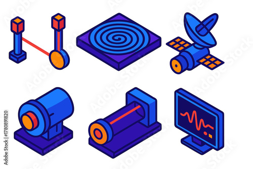 Gravitational Wave Detection Icons. Isometric vector illustration set Gravitational Wave Detection: laser interferometer arms,