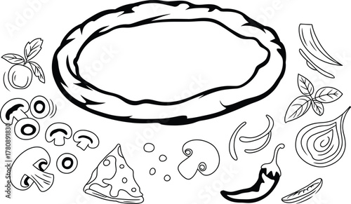 Pizza ingredients drawing with various toppings and blank crust