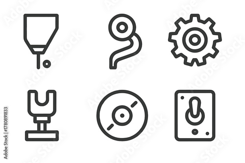 Antique Restoration Icons. Line style icons of Antique Restoration: phonograph needle, sound arm, inner gear, needle mount, signal