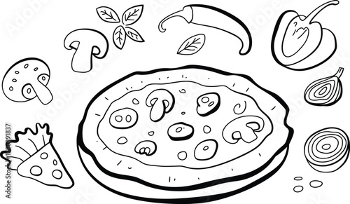 Delicious pizza and fresh ingredients coloring page for kids