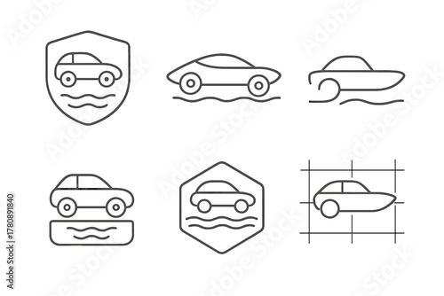 Futuristic Amphibious Car Icons. Line style icons of amphibious car brands and concepts: signature badge logo, futuristic render