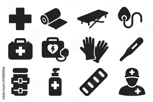 First Aid Icons. Solid style icons of first aid readiness: medical cross, bandage roll, stretcher, oxygen mask, trauma kit,