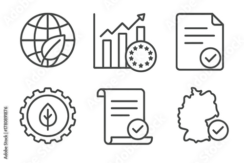 Regulatory Framework Icons. Line style icons of regulatory frameworks: global ESG standard icon, EU taxonomy chart, SEC ESG
