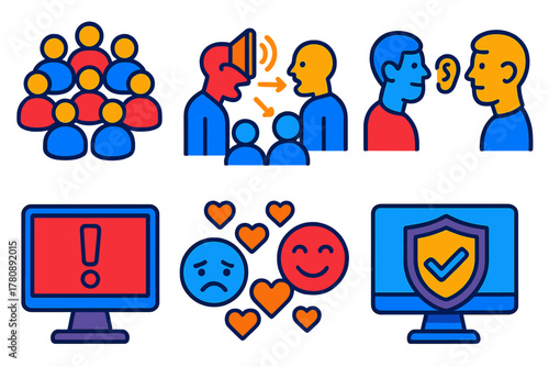 Rumor Transmission Icons. Isometric vector illustration set Psychology of rumor transmission: social influence circles, rumor