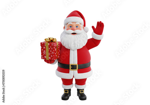 Jolly 3D Santa Claus Waving Hand and Holding a Festive Christmas Gift Box on White Background