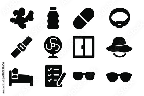 Mitigation Icons Collection. Solid style icons of mitigation strategies and coping: ginger root, water bottle, medication pill,