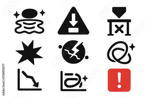 Experimental Failures Icons. Solid style icons of experimental failures and anomalies: unstable float field, object drop warning,
