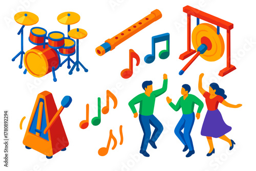 Dance and Music Icons. Isometric vector illustration set Dance Music and Rhythm: drum set, flute, gong, rhythm notes, metronome,