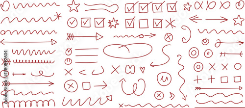 Hand drawn doodle arrows, checkmarks, circles, lines, and stars