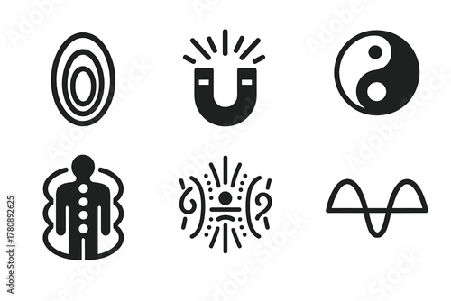 Energy Field Icons. Solid style icons of energy field balancing: overlapping aura rings, central magnet pulse, radiating energy