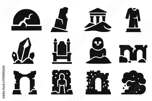 Ruined World Icons. Solid style icons of Ruined Worlds: Cracked Dome, Fallen Tower, Desert Temple, Broken Statue, Crystal Shard,