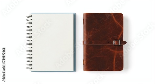 Spiral and Leather Notebooks on a white background 