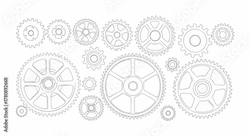 Assortment of machine cogwheels and industrial gears in a detailed technical drawing, a vector illustration