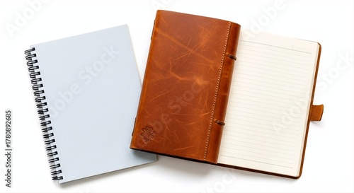 Spiral and Leather Notebooks on a white background 