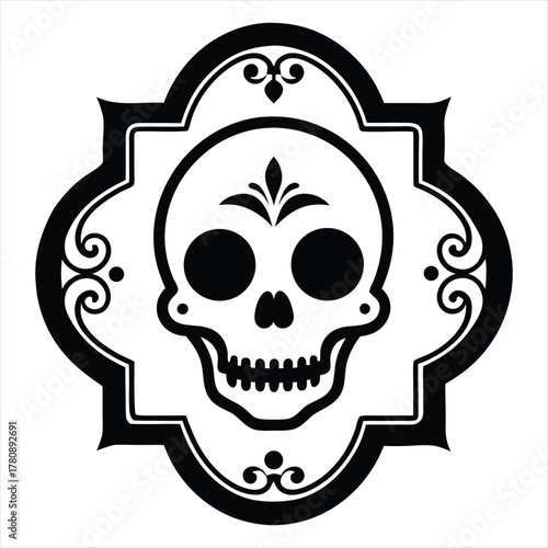 Black vector skull and crossbones symbol illustration on white for pirate danger or halloween design