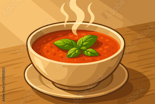 Basil Tomato Soup. Steaming bowl of rich tomato soup garnished with fresh basil leaves, warm natural lighting, inviting and