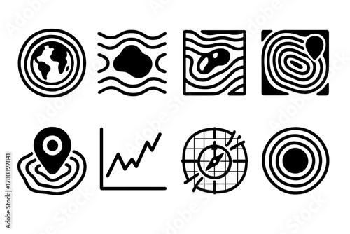 Geomagnetic Map Icons. Solid style icons of geomagnetic maps and anomalies: Earth field heatmap, zone of irregular magnetism,