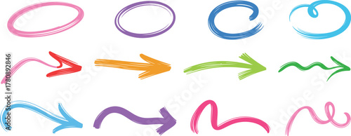 Colorful hand-drawn brush stroke arrows and circles collection