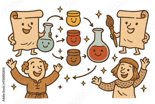 Medieval Alchemist Doodles. Playful doodle medieval paint recipe illustration with happy alchemists, cartoon scrolls and flasks