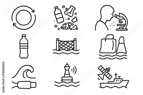 Marine Research Icons. Line style icons of Marine Research: Circular Current, Debris Accumulation, Concentration, Pacific Garbage