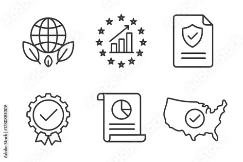 Regulatory Framework Icons. Line style icons of regulatory frameworks: global ESG standard icon, EU taxonomy chart, SEC ESG