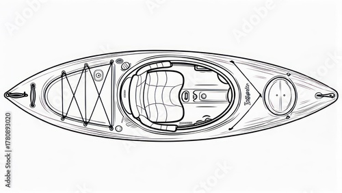 Detailed Line Drawing of a Kayak's Top View, Highlighting Features