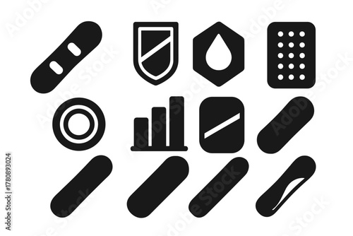 Ash-Resistant Board Icons. Solid style icons of ash-resistant boards: sandboard glyph, reinforced edge icon, wax badge. Durable