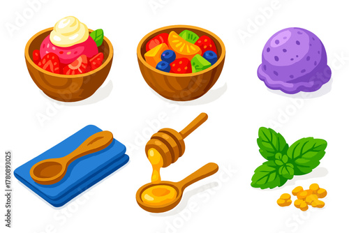 Vibrant Dessert Icons. Isometric vector illustration set Ice cream and desserts – salad bowl dessert, fruit salad, ice cream scoop