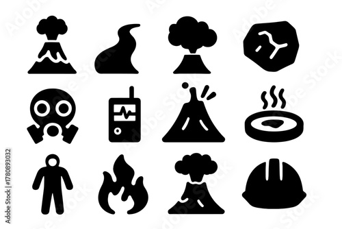 Volcano Expedition Icons. Solid style icons of Volcano Expedition: Volcano, Lava Flow, Ash Cloud, Rock Sample, Gas Mask, Seismic