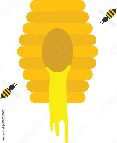 Beehive with Honey and Bees Flat Illustration. Clean Icon Design Element on Isolated White Background