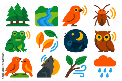 Forest Soundscape Icons. Flat vector icons of Forest Soundscapes: dense trees, flowing river, bird call, insect hum, frog chorus,