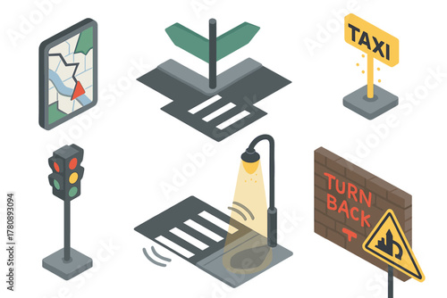 Urban Legends Isometric Art. Isometric vector illustration set of Urban legends: broken GPS map, street with changing names,