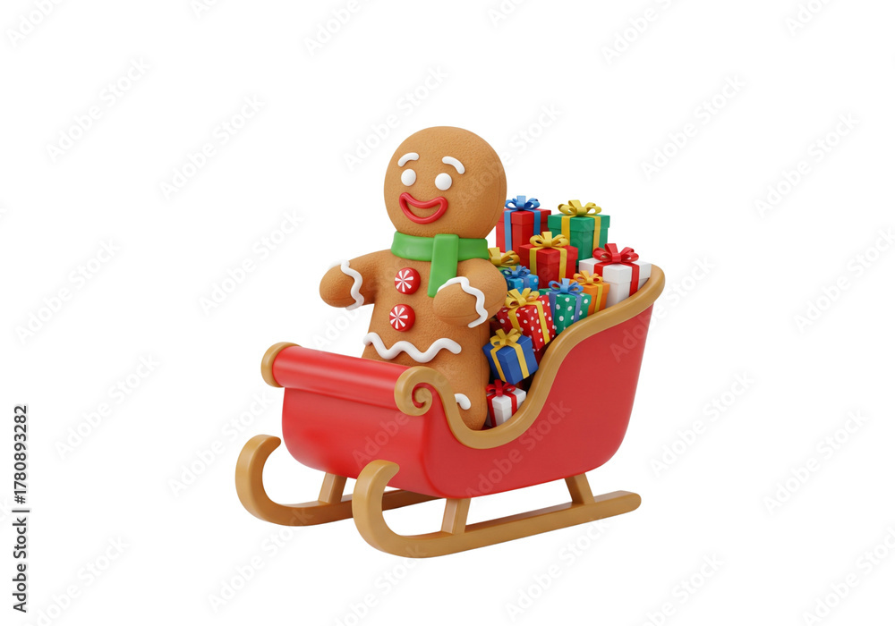 Obraz premium Cute 3D Gingerbread Man in Red Sleigh Delivering Christmas Gifts