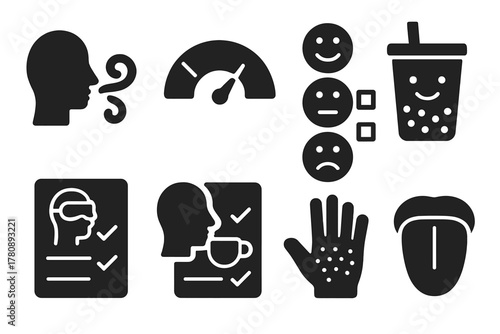 Sensory Testing Icons. Solid style icons of sensory testing and feedback: aroma puff icon, taste meter gauge, satisfaction scale.