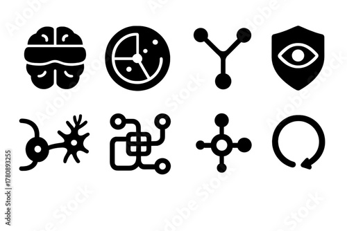 Unconscious Bias Icons. Line style icons of photographer’s workspace: desktop with lightroom, coffee cup and notepad, camera gear