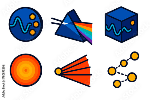 Dual Nature Icons. Isometric vector illustration set Dual Nature of Light: particle wave dual symbol, split prism, quantum box,