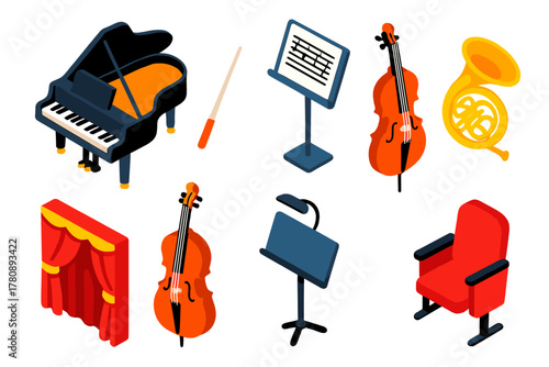 Orchestral Instruments Icons. Isometric vector illustration set Musical genres – grand piano, conductor baton, orchestral score;
