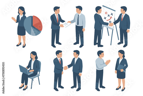 Business Team Dynamics. Isometric vector illustration set of Business People: businesswoman with pie chart, employee handing in