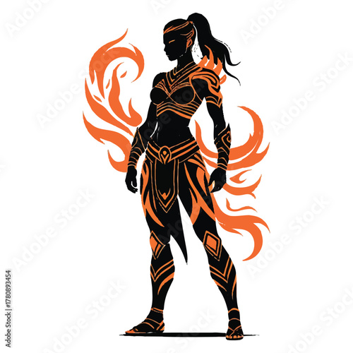 Powerful female warrior silhouette with fiery orange accents and flowing flames against a white background