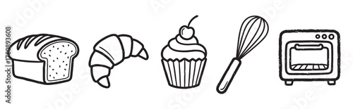 Black outline icons of a loaf of bread, croissant, cupcake with cherry, whisk, and oven representing baking essentials.