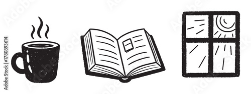 Hand-drawn illustration featuring a steaming coffee mug, an open book, and a sunny window, symbolizing a cozy and peaceful reading environment.