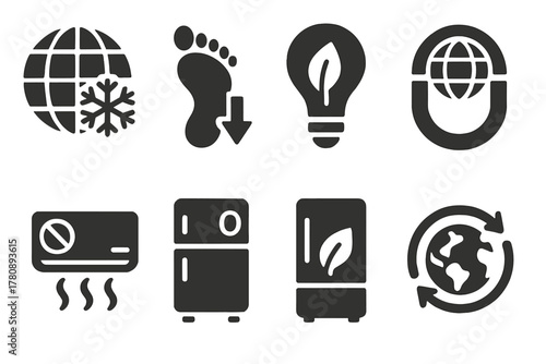 Environmental Benefit Icons. Solid style icons of environmental benefits: globe with cooling symbol, carbon footprint reduction