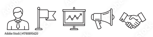 Black outline icons depicting a businessman, a flag, an upward-trending graph on a screen, a megaphone, and a handshake symbolizing business concepts.
