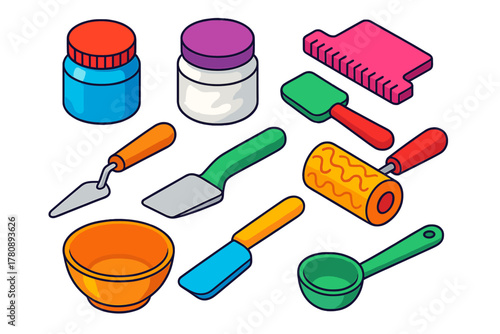 Bold Art Supplies Icons. Isometric vector illustration set Art supplies – acrylic gel medium, modeling paste, texture comb;