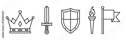 Black outline vector icons of a crown, sword, shield, torch, and flag. minimal linear illustrations for medieval, protection, and leadership themes.