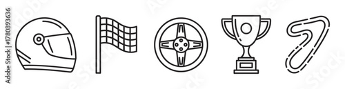 Black outline vector icons of a racing helmet, checkered flag, steering wheel, trophy, and race track, representing motorsport themes.