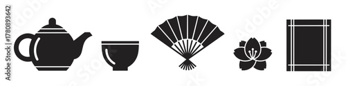 Black silhouette icons of a teapot, teacup, folding fan, cherry blossom, and rectangular mat on a white background.