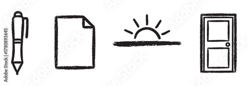 Hand-drawn icons featuring a pen, a blank sheet of paper, a rising sun, and a closed door, each outlined in black with a minimalistic design.