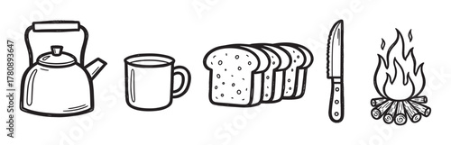 Black outline vector icons of a kettle, mug, sliced bread, knife, and campfire, illustrating basic camping essentials for cooking and warmth.